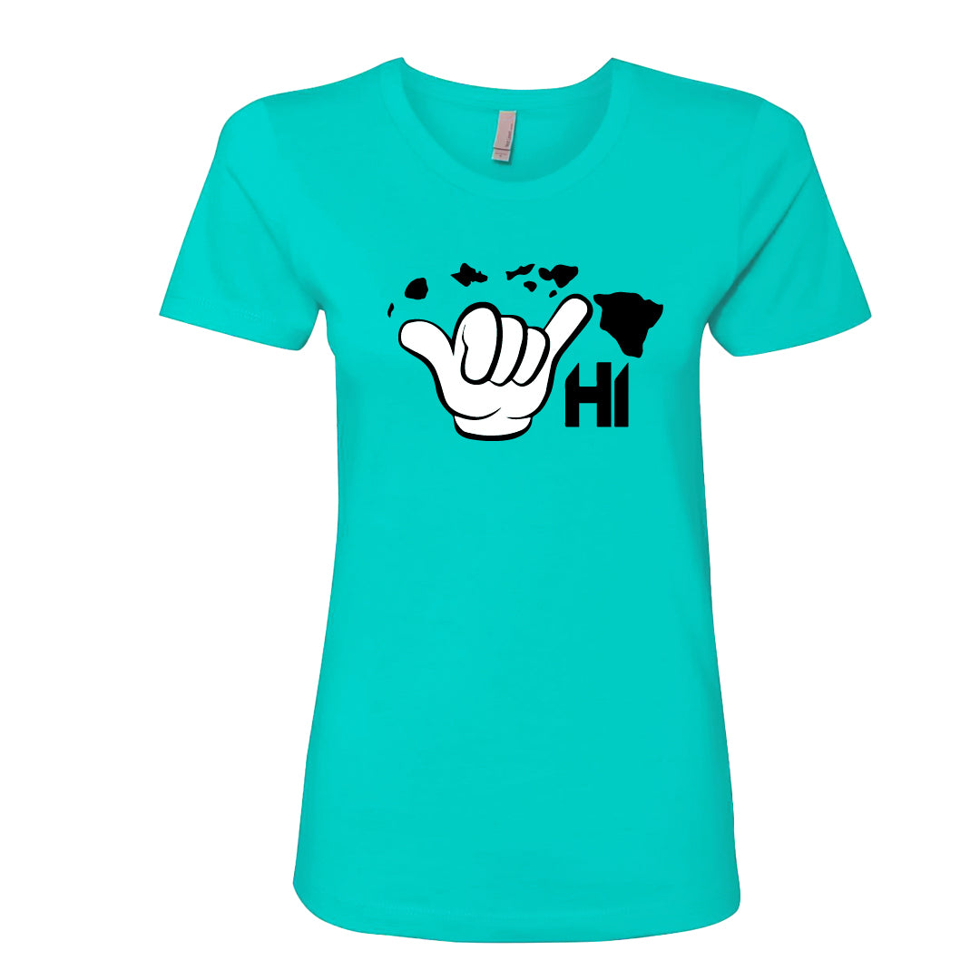 Women’s HI Shaka Map Graphic T-Shirt – Hawaii Hand Sign with Island Map
