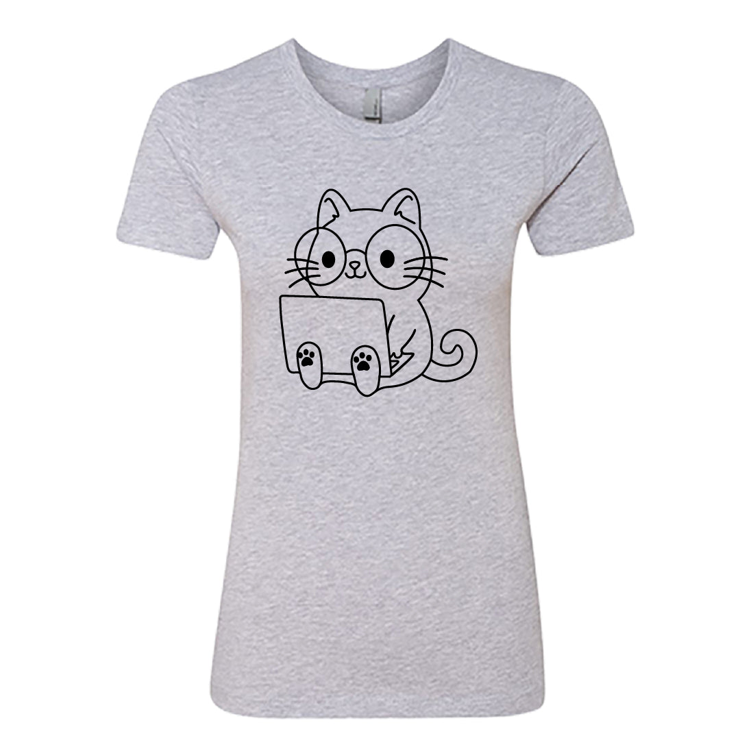 Women’s Cute Cat with Laptop Graphic T-Shirt – Fun & Playful Tee for Cat Lovers