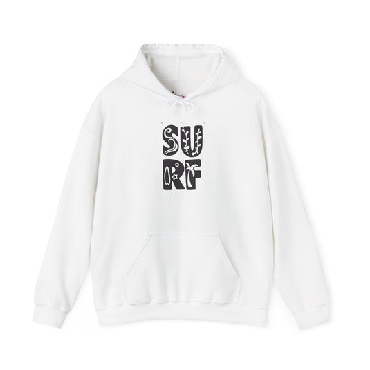 Gildan 18500 | Unisex "SURF" Graphic Hoodie – Retro Typography Design – Premium Soft Fleece Coastal Pullover