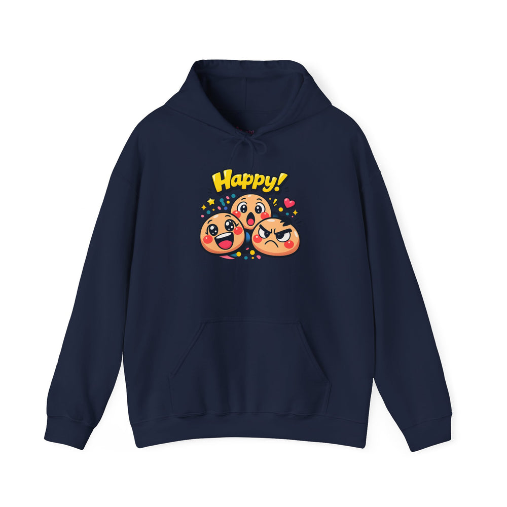 Gildan 18500 | Unisex "Happy!" Cartoon Emoji Hoodie – Heavy Blend Graphic Sweatshirt – Cute & Playful Streetwear Pullover | Happy emoji cartoon hoodie | kawaii minimal, thick outline