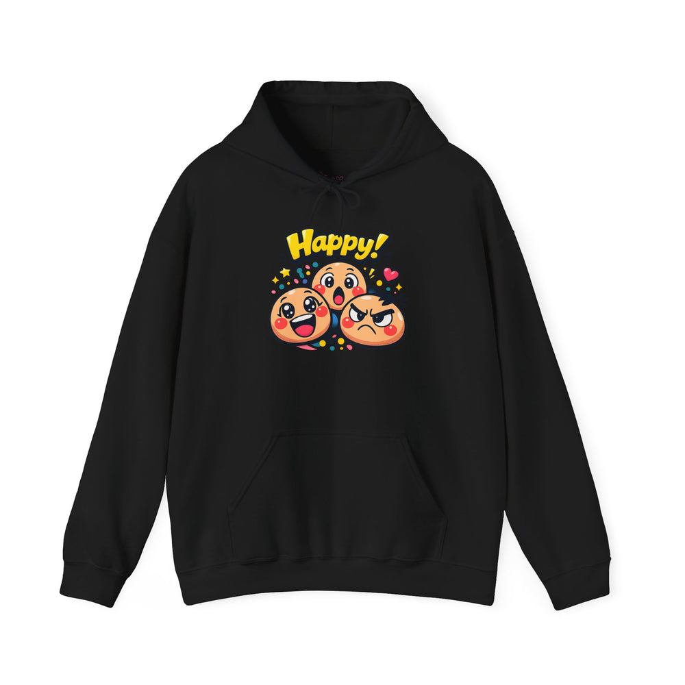 Gildan 18500 | Unisex "Happy!" Cartoon Emoji Hoodie – Heavy Blend Graphic Sweatshirt – Cute & Playful Streetwear Pullover | Happy emoji cartoon hoodie | kawaii minimal, thick outline