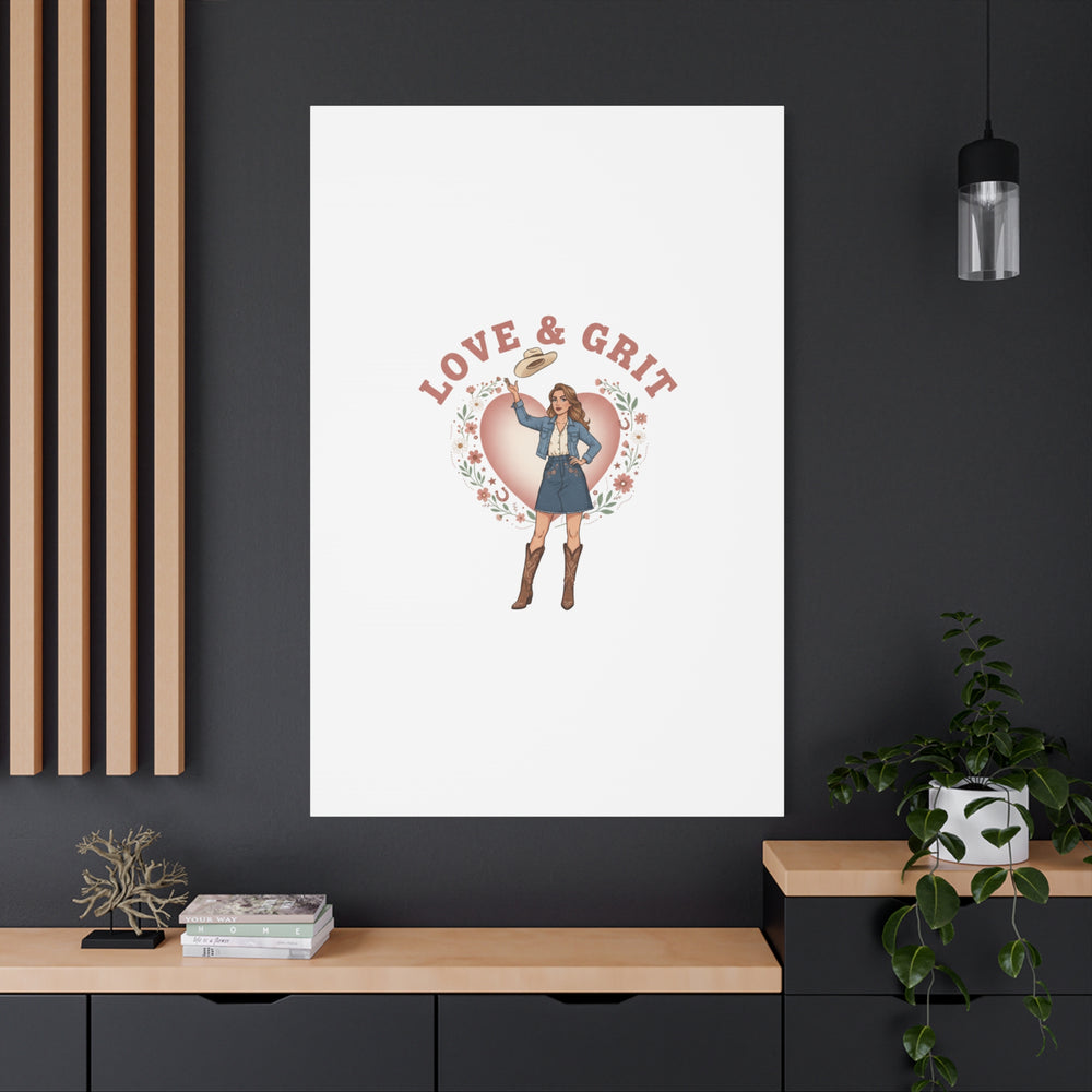Love & Grit Canvas, Western Valentine Cowgirl Heart Poster | Cowboy Valentine