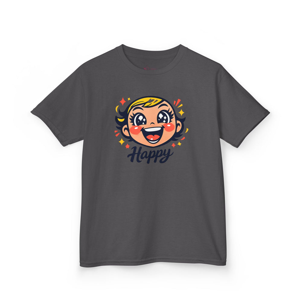 Gildan 5000B | "Happy" Tee: Kids' Retro Cartoon Happy Face T-Shirt – Soft & Vibrant | Toddler & Youth "Happy" Graphic Tee – Cute Character Design | Super Happy Kids’ Cotton T-Shirt – Comfortable...