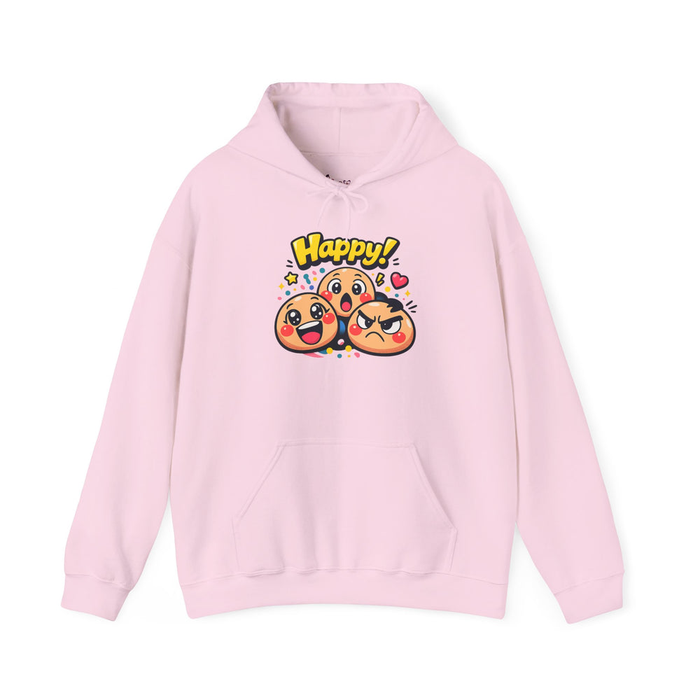 Gildan 18500 | Unisex "Happy!" Cartoon Emoji Hoodie – Heavy Blend Graphic Sweatshirt – Cute & Playful Streetwear Pullover | Happy emoji cartoon hoodie | kawaii minimal, thick outline