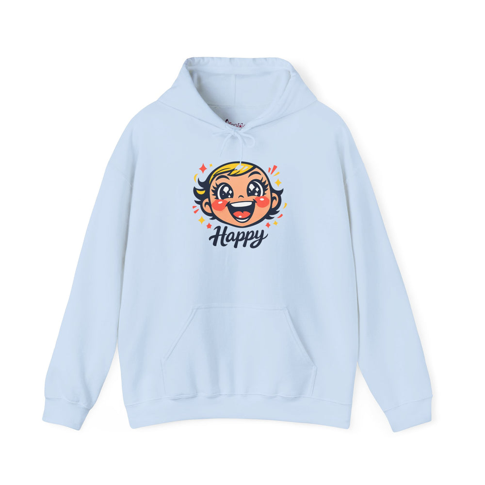 Gildan 18500 | Retro Joy Unisex Heavy Blend™ Hooded Sweatshirt – "Happy" Edition | Happy Face Kawaii Hoodie | bold cartoon, thick outline