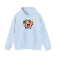 Gildan 18500 | Retro Joy Unisex Heavy Blend™ Hooded Sweatshirt – "Happy" Edition | Happy Face Kawaii Hoodie | bold cartoon, thick outline