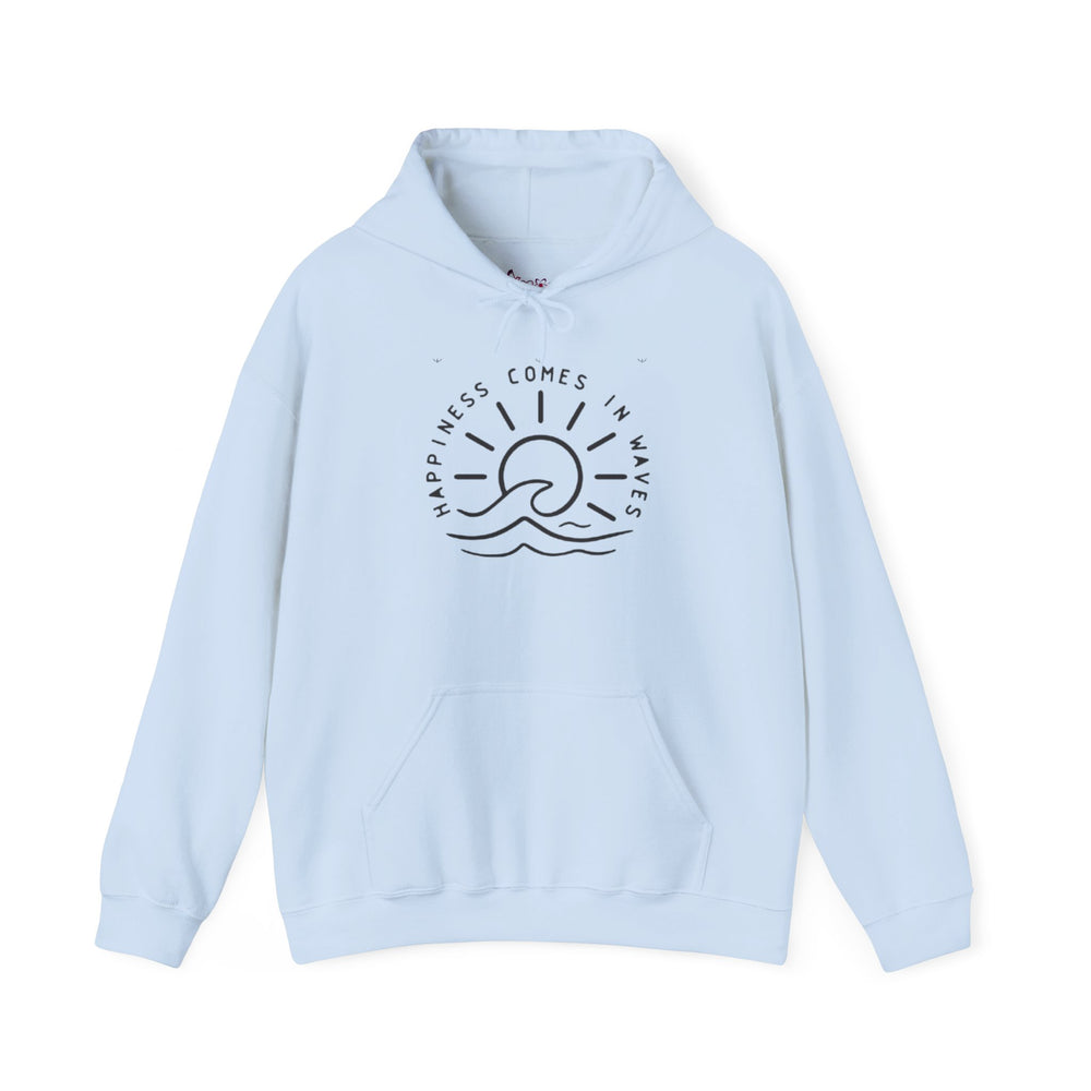 Gildan 18500 | Happiness Comes in Waves" Hoodie – Ocean Sunset Graphic – Premium Coastal Fleece Pullover
