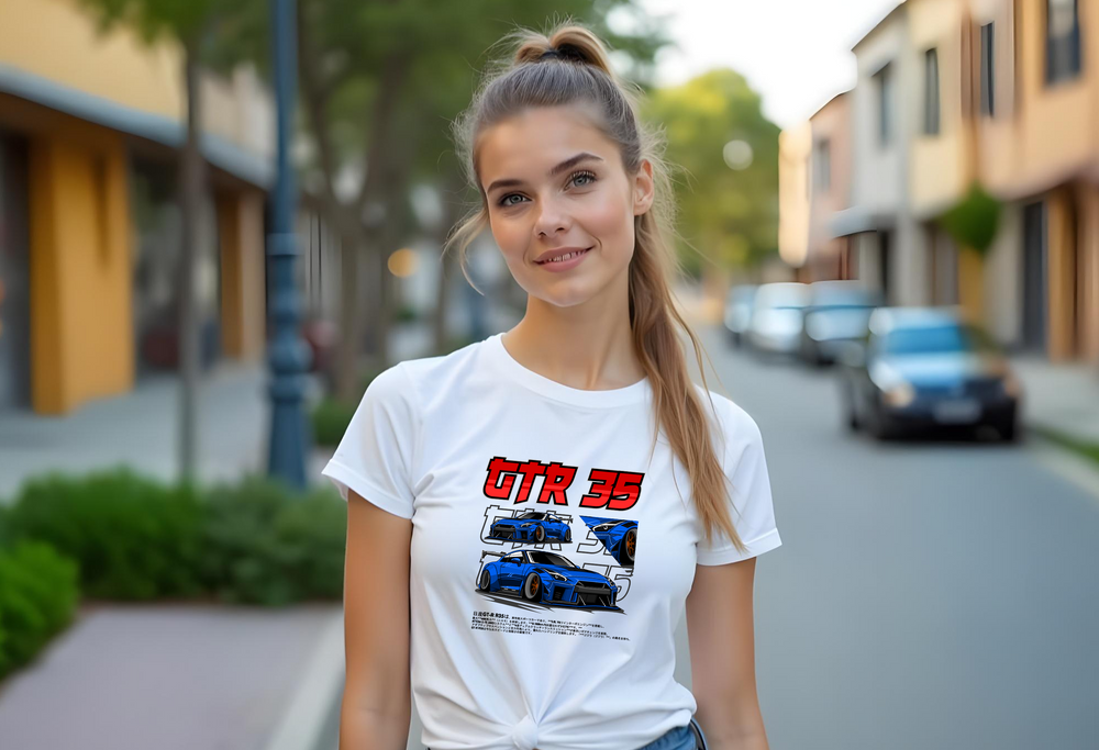 Nissan GTR 35 Women’s T-Shirt – Lightweight, Fitted Tee in Black, Hot Pink, Royal, White | Sizes Small to 2XL