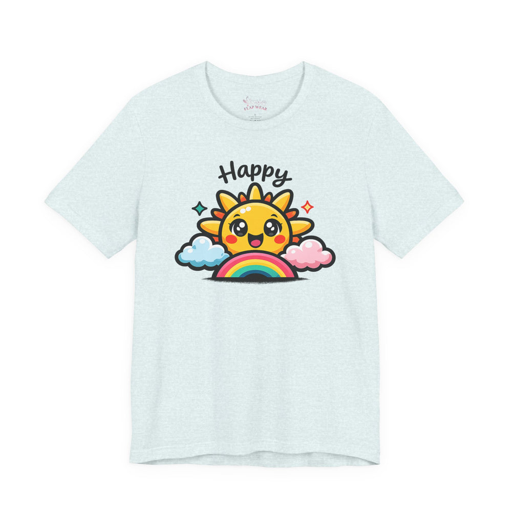 Bella+Canvas 3001 | Happy Sun & Rainbow Unisex Cotton Tee | Cute Kawaii Graphic Shirt | Happy Sun Rainbow Tee | kawaii minimal, thick outline emoji cartoon