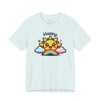 Bella+Canvas 3001 | Happy Sun & Rainbow Unisex Cotton Tee | Cute Kawaii Graphic Shirt | Happy Sun Rainbow Tee | kawaii minimal, thick outline emoji cartoon