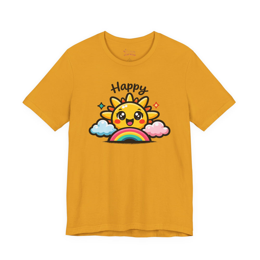 Bella+Canvas 3001 | Happy Sun & Rainbow Unisex Cotton Tee | Cute Kawaii Graphic Shirt | Happy Sun Rainbow Tee | kawaii minimal, thick outline emoji cartoon