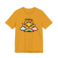 Bella+Canvas 3001 | Happy Sun & Rainbow Unisex Cotton Tee | Cute Kawaii Graphic Shirt | Happy Sun Rainbow Tee | kawaii minimal, thick outline emoji cartoon