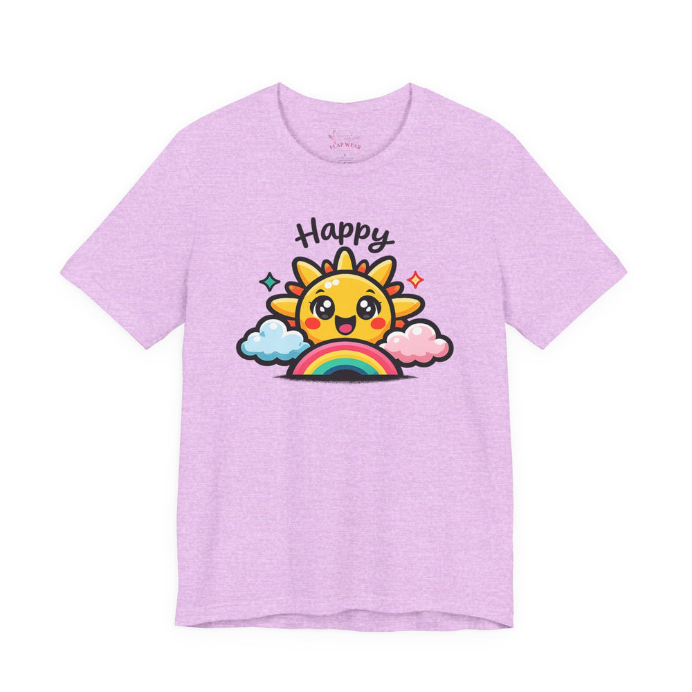 Bella+Canvas 3001 | Happy Sun & Rainbow Unisex Cotton Tee | Cute Kawaii Graphic Shirt | Happy Sun Rainbow Tee | kawaii minimal, thick outline emoji cartoon