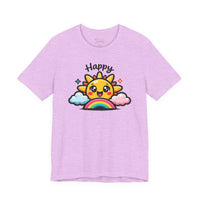 Bella+Canvas 3001 | Happy Sun & Rainbow Unisex Cotton Tee | Cute Kawaii Graphic Shirt | Happy Sun Rainbow Tee | kawaii minimal, thick outline emoji cartoon