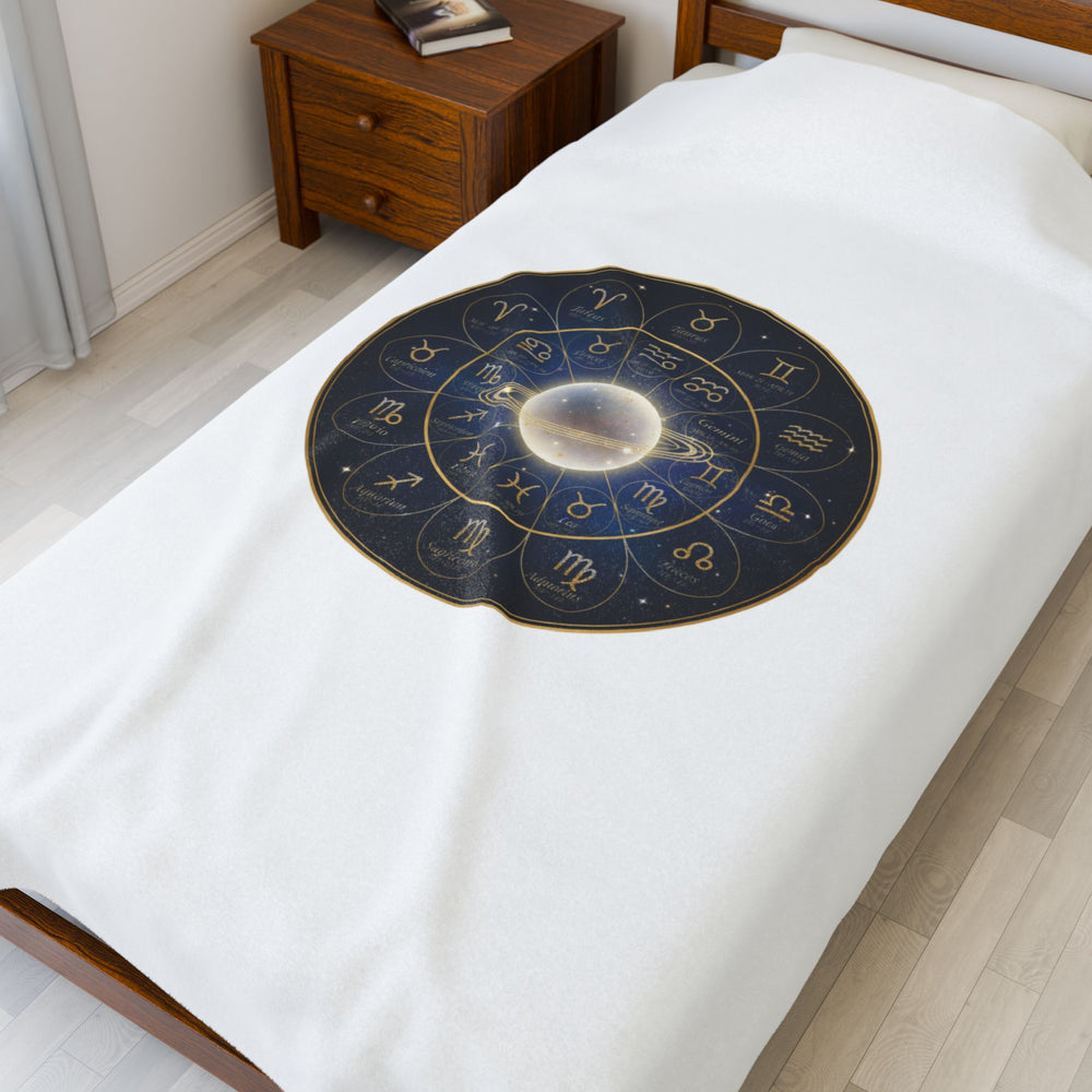 Celestial Zodiac Wheel Velveteen Plush Blanket | Constellation, Metallic Gold