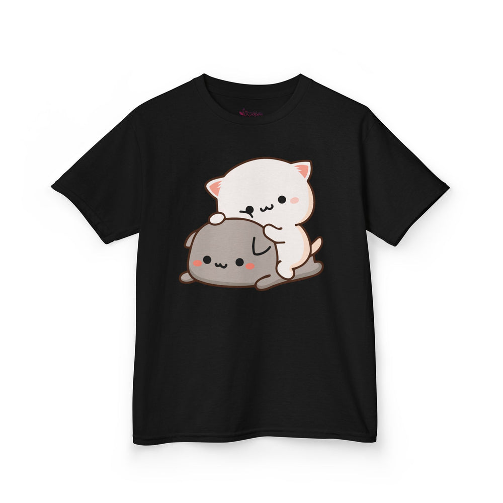 Kids Peach & Goma Funny T-Shirt – Youth Mochi Peach Cat Graphic Tee – Cute Mocha & Milk Lovers Shirt for Boys & Girls – Funny Cartoon Couple Youth Top