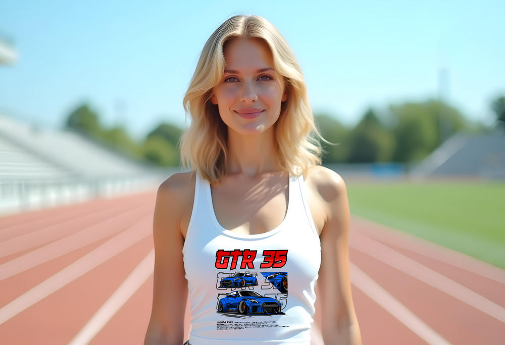 Nissan GTR 35 Women's Top Tank – Lightweight, Fitted Racerback Tank in Hot Pink, Royal, White | Sizes Small to 2XL