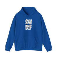 Gildan 18500 | Unisex "SURF" Graphic Hoodie – Retro Typography Design – Premium Soft Fleece Coastal Pullover
