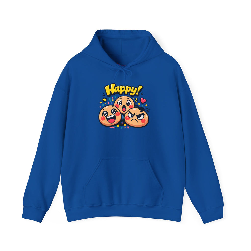 Gildan 18500 | Unisex "Happy!" Cartoon Emoji Hoodie – Heavy Blend Graphic Sweatshirt – Cute & Playful Streetwear Pullover | Happy emoji cartoon hoodie | kawaii minimal, thick outline