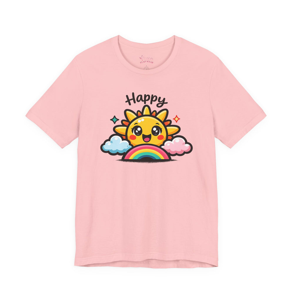 Bella+Canvas 3001 | Happy Sun & Rainbow Unisex Cotton Tee | Cute Kawaii Graphic Shirt | Happy Sun Rainbow Tee | kawaii minimal, thick outline emoji cartoon