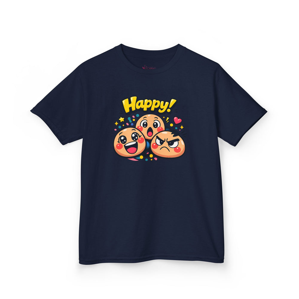 Gildan 5000B | Kids' "Happy Trio" Emoji Graphic Tee – Fun & Expressive Summer Shirt | "Happy!" Vibes Youth T-Shirt – Soft Cotton Tee for Active Kids | Vibrant Emoji Squad Kids' Tee – Comfortable Daily...