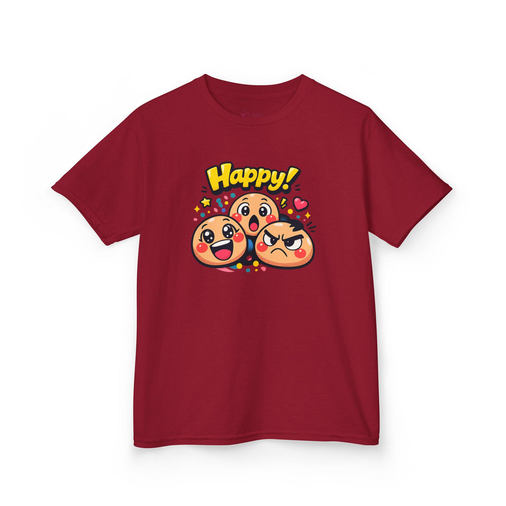 Gildan 5000B | Kids' "Happy Trio" Emoji Graphic Tee – Fun & Expressive Summer Shirt | "Happy!" Vibes Youth T-Shirt – Soft Cotton Tee for Active Kids | Vibrant Emoji Squad Kids' Tee – Comfortable Daily...