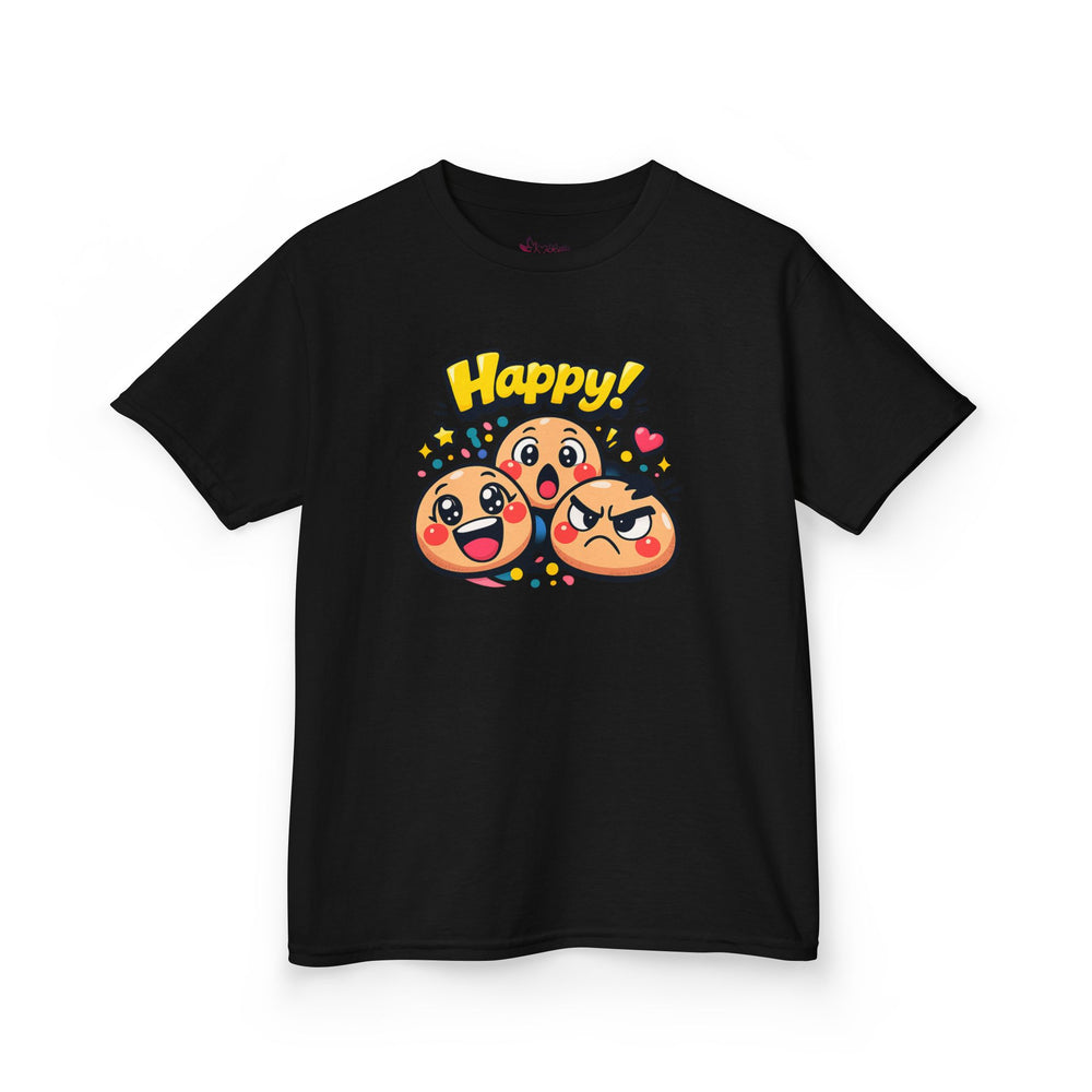 Gildan 5000B | Kids' "Happy Trio" Emoji Graphic Tee – Fun & Expressive Summer Shirt | "Happy!" Vibes Youth T-Shirt – Soft Cotton Tee for Active Kids | Vibrant Emoji Squad Kids' Tee – Comfortable Daily...