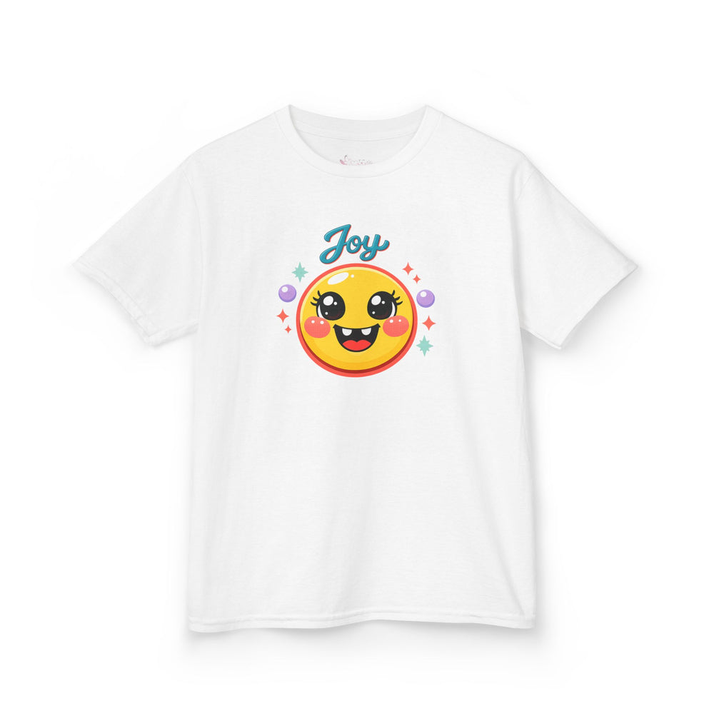 Gildan 5000B | Kids’ "Joy" Smiley Face Tee – Vibrant Graphic Cotton T-Shirt | Joyful Smiley Kids’ T-Shirt – Unisex Summer Apparel | Joy Graphic Tee for Kids – Soft Summer Cotton T-Shirt