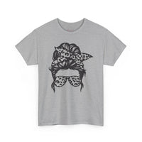 Gildan 5000 | Leopard Print Messy Bun T-Shirt - Sassy Mama Graphic Tee - Trendy Animal Print Sunglasses Shirt - Unisex Hawaiian Vacation Shirt