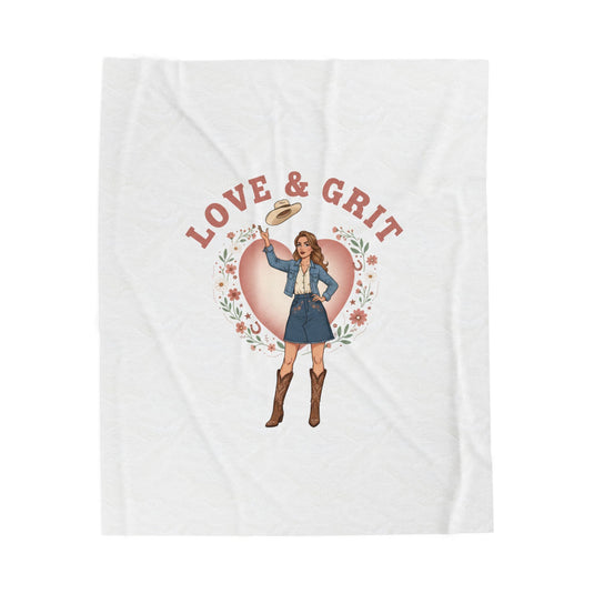 Love & Grit Cowgirl Heart Velveteen Plush Blanket | Western Valentine, Boot Heart Design