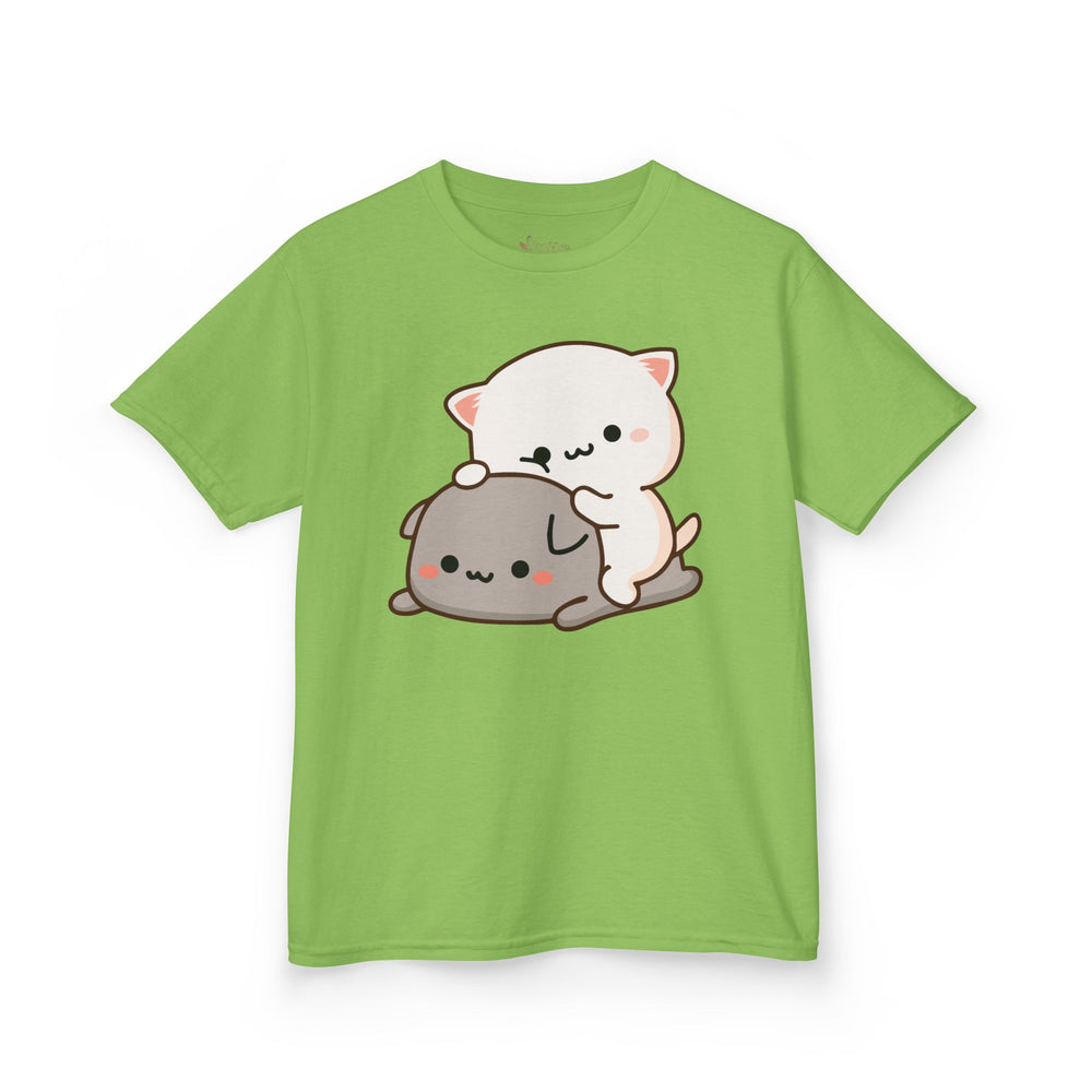 Kids Peach & Goma Funny T-Shirt – Youth Mochi Peach Cat Graphic Tee – Cute Mocha & Milk Lovers Shirt for Boys & Girls – Funny Cartoon Couple Youth Top