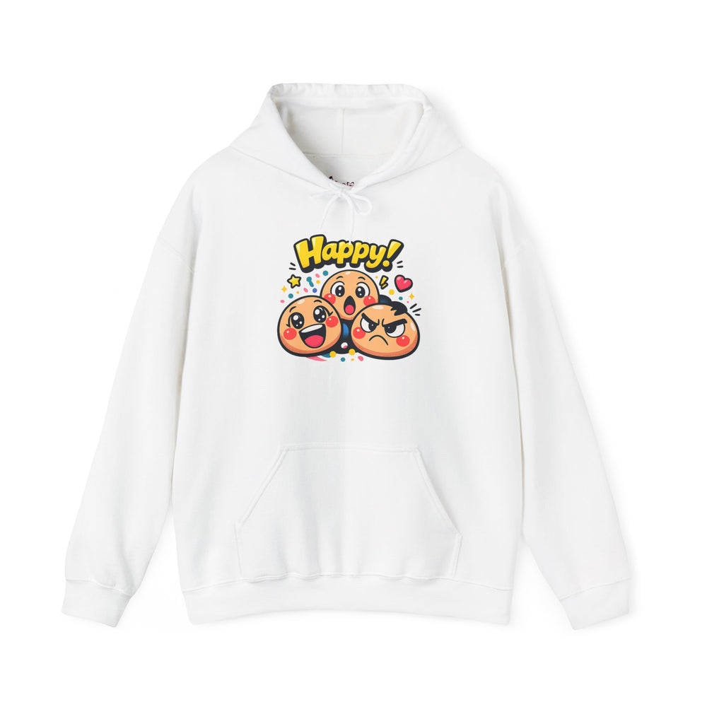 Gildan 18500 | Unisex "Happy!" Cartoon Emoji Hoodie – Heavy Blend Graphic Sweatshirt – Cute & Playful Streetwear Pullover | Happy emoji cartoon hoodie | kawaii minimal, thick outline