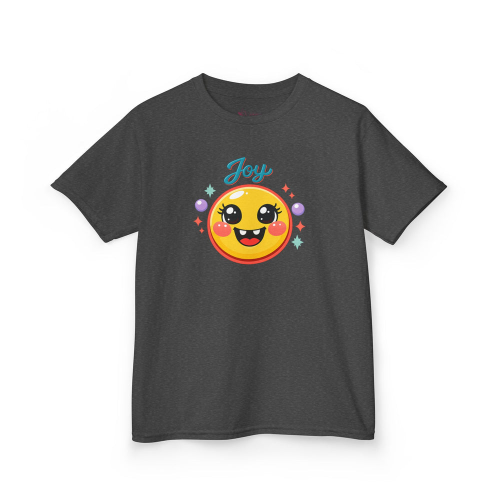 Gildan 5000B | Kids’ "Joy" Smiley Face Tee – Vibrant Graphic Cotton T-Shirt | Joyful Smiley Kids’ T-Shirt – Unisex Summer Apparel | Joy Graphic Tee for Kids – Soft Summer Cotton T-Shirt
