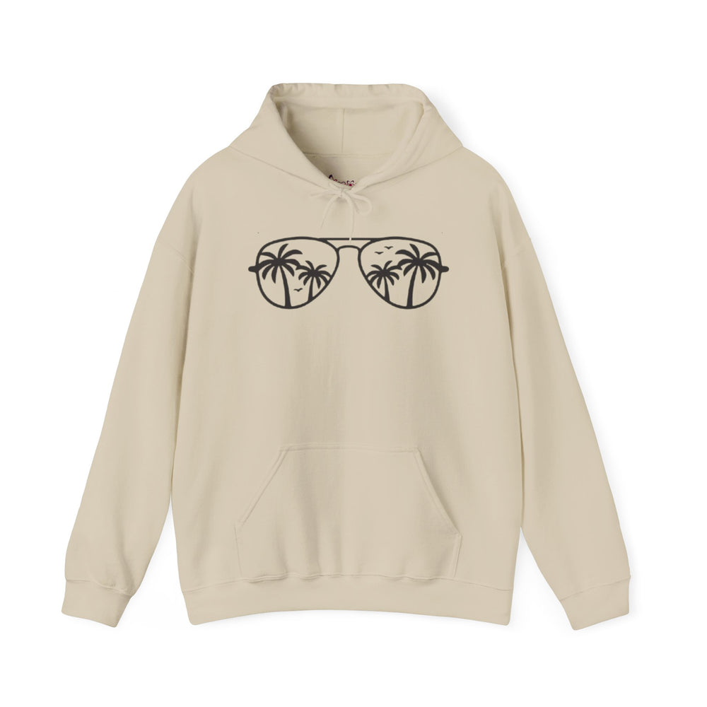 Gildan 18500 | Unisex "Island Reflections" Aviator Sunglasses Hoodie – Tropical Palm Tree Graphic – Premium Coastal Fleece Pullover