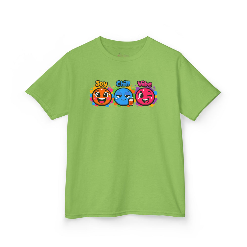 Gildan 5000B | Kids' "Joy, Chill, Vibe" Trio Graphic Tee | Kids Tee — Joy Chill Vibe Emoji Trio Graphic T-Shirt