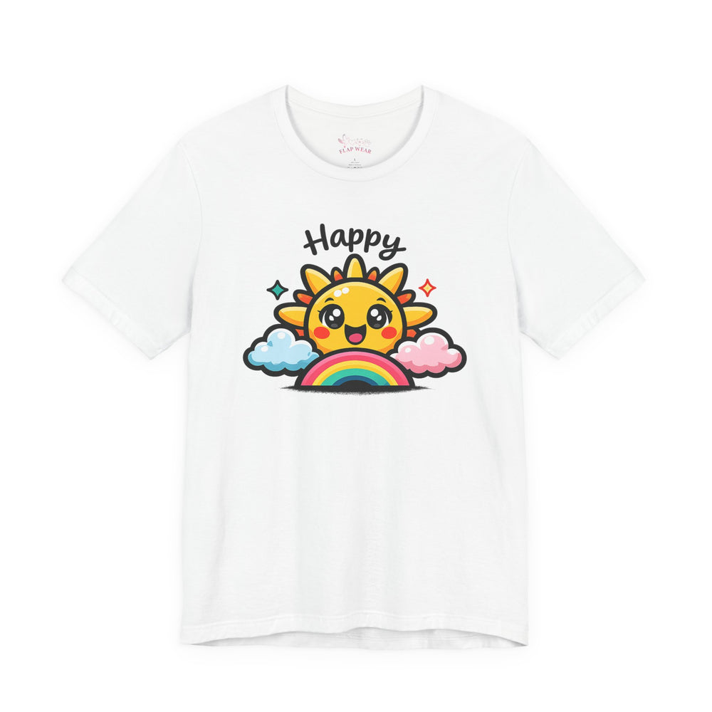 Bella+Canvas 3001 | Happy Sun & Rainbow Unisex Cotton Tee | Cute Kawaii Graphic Shirt | Happy Sun Rainbow Tee | kawaii minimal, thick outline emoji cartoon