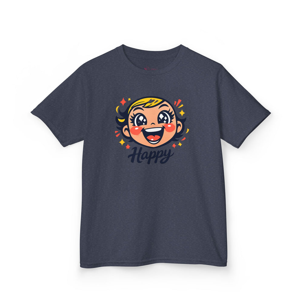 Gildan 5000B | "Happy" Tee: Kids' Retro Cartoon Happy Face T-Shirt – Soft & Vibrant | Toddler & Youth "Happy" Graphic Tee – Cute Character Design | Super Happy Kids’ Cotton T-Shirt – Comfortable...