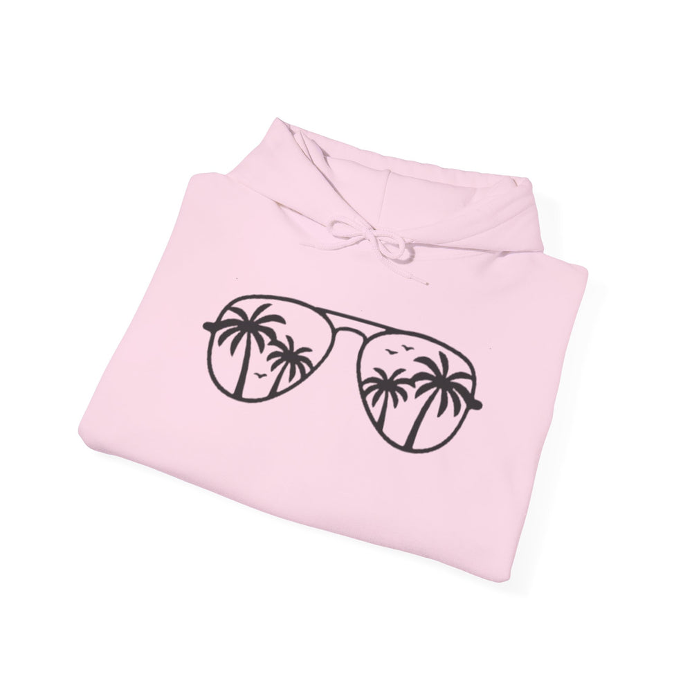 Gildan 18500 | Unisex "Island Reflections" Aviator Sunglasses Hoodie – Tropical Palm Tree Graphic – Premium Coastal Fleece Pullover