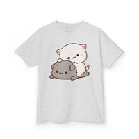 Kids Peach & Goma Funny T-Shirt – Youth Mochi Peach Cat Graphic Tee – Cute Mocha & Milk Lovers Shirt for Boys & Girls – Funny Cartoon Couple Youth Top