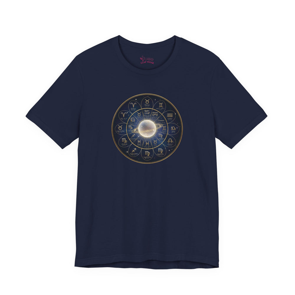 Bella+Canvas3001 | Zodiac Constellation Wheel T-Shirt | Astrology Circle, Cosmic Gold Accents