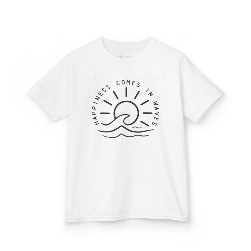 Gildan 5000B | Kids' "Happiness Comes in Waves" Graphic Tee – Soft & Breathable Summer Beach T-Shirt
