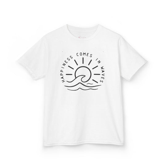 Gildan 5000B | Kids' "Happiness Comes in Waves" Graphic Tee – Soft & Breathable Summer Beach T-Shirt