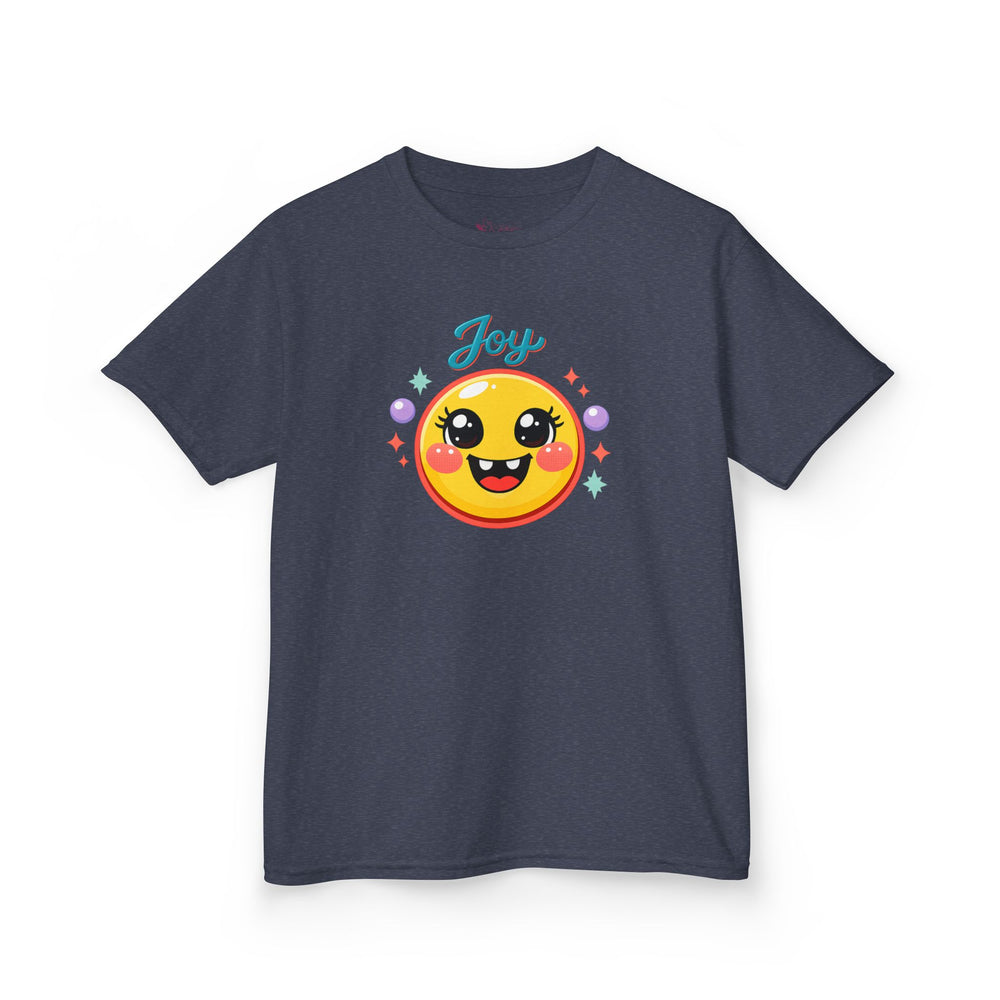 Gildan 5000B | Kids’ "Joy" Smiley Face Tee – Vibrant Graphic Cotton T-Shirt | Joyful Smiley Kids’ T-Shirt – Unisex Summer Apparel | Joy Graphic Tee for Kids – Soft Summer Cotton T-Shirt