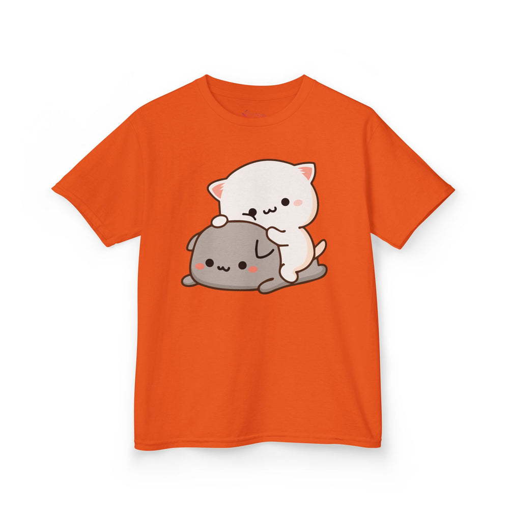 Kids Peach & Goma Funny T-Shirt – Youth Mochi Peach Cat Graphic Tee – Cute Mocha & Milk Lovers Shirt for Boys & Girls – Funny Cartoon Couple Youth Top