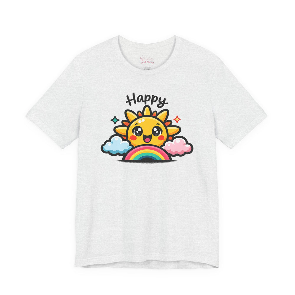 Bella+Canvas 3001 | Happy Sun & Rainbow Unisex Cotton Tee | Cute Kawaii Graphic Shirt | Happy Sun Rainbow Tee | kawaii minimal, thick outline emoji cartoon