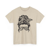 Gildan 5000 | Leopard Print Messy Bun T-Shirt - Sassy Mama Graphic Tee - Trendy Animal Print Sunglasses Shirt - Unisex Hawaiian Vacation Shirt