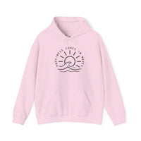 Gildan 18500 | Happiness Comes in Waves" Hoodie – Ocean Sunset Graphic – Premium Coastal Fleece Pullover
