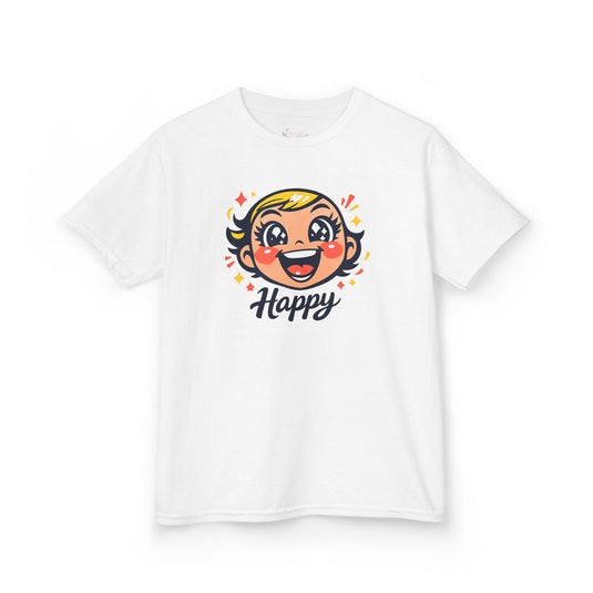 Gildan 5000B | "Happy" Tee: Kids' Retro Cartoon Happy Face T-Shirt – Soft & Vibrant | Toddler & Youth "Happy" Graphic Tee – Cute Character Design | Super Happy Kids’ Cotton T-Shirt – Comfortable...