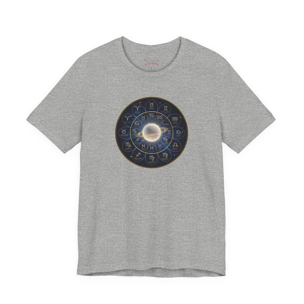 Bella+Canvas3001 | Zodiac Constellation Wheel T-Shirt | Astrology Circle, Cosmic Gold Accents