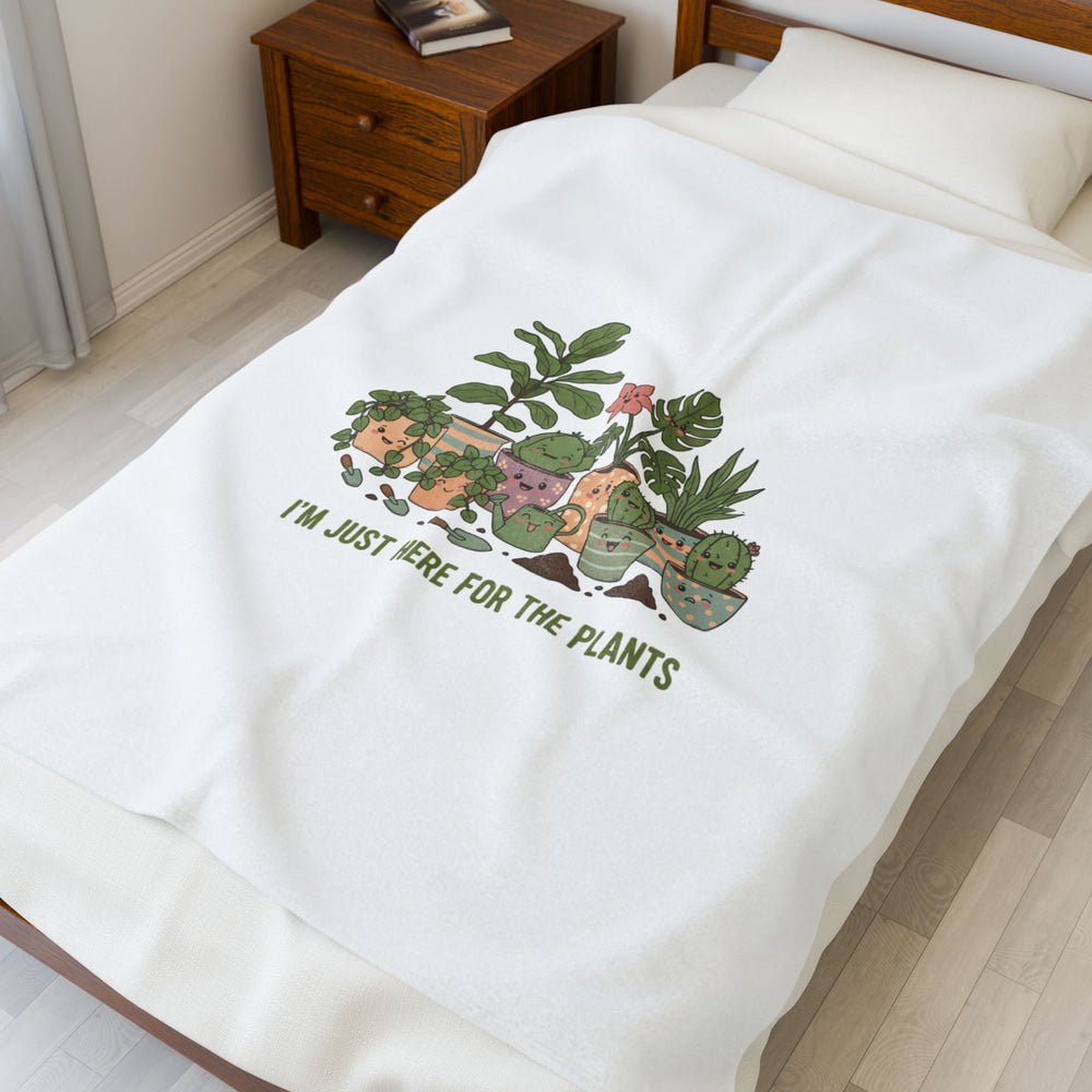 I’m Just Here for the Plants Velveteen Plush Blanket | Plant Parent Pun, Sage Cream Botanical Throw